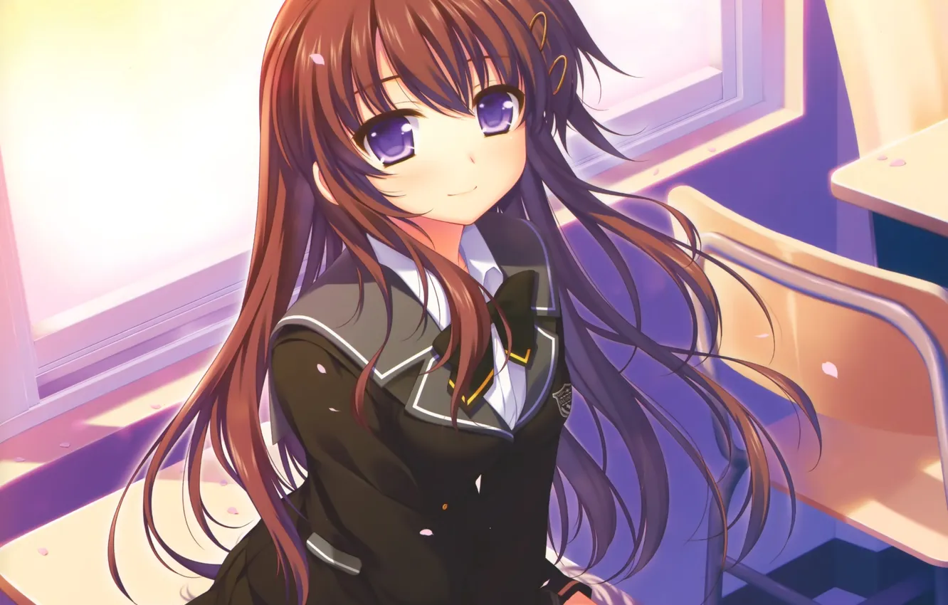 Photo wallpaper girl, petals, Sakura, art, form, schoolgirl, desks, Alpha