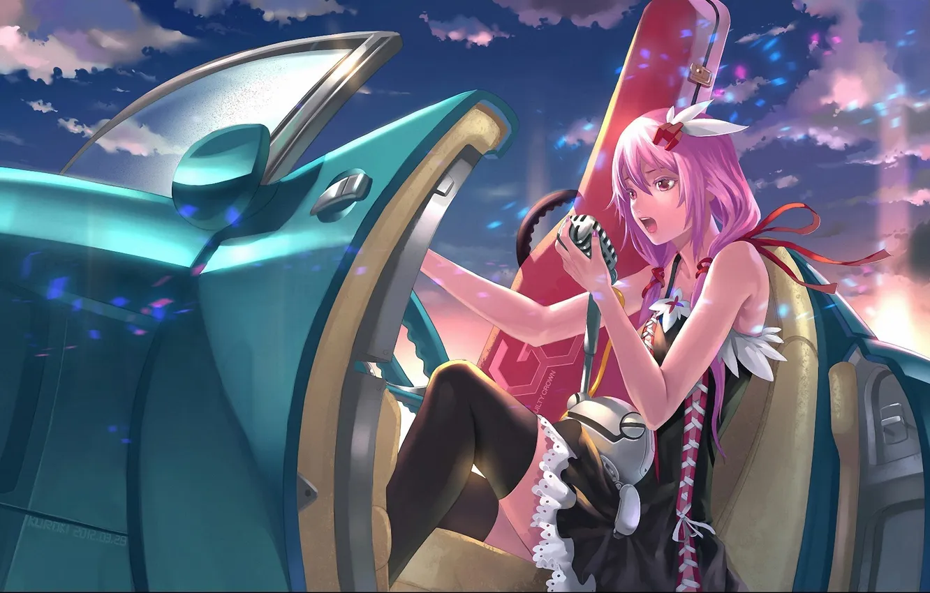 Photo wallpaper machine, girl, clouds, sunset, robot, art, microphone, guilty crown