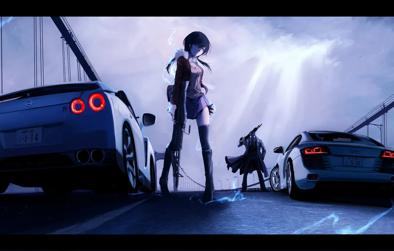 Photo wallpaper look, girl, bridge, weapons, Audi, the darkness, Nissan, guy
