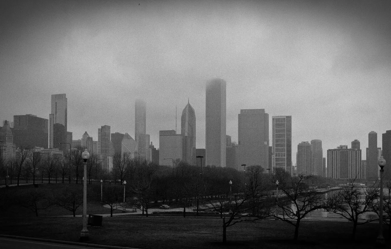 Photo wallpaper fog, skyscrapers, b/W, Chicago, Chicago