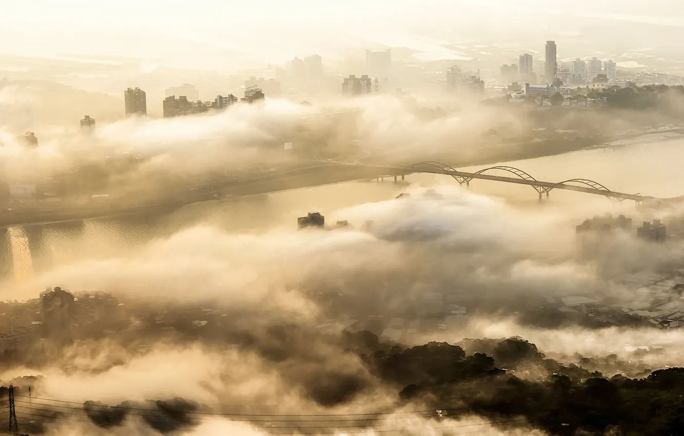 Photo wallpaper the city, fog, river, smoke