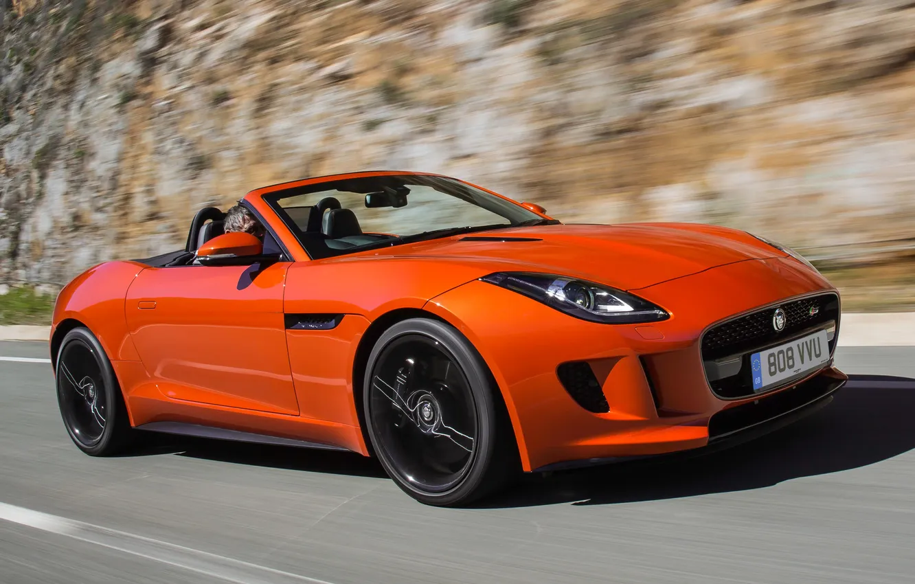 Photo wallpaper car, Jaguar, Jaguar, beautiful, road, speed, orange, F-Type
