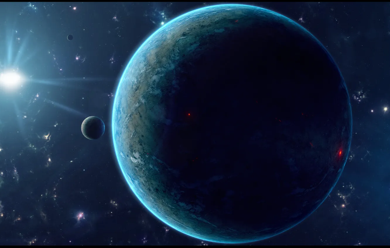 Photo wallpaper stars, surface, lights, planet, satellite, relief