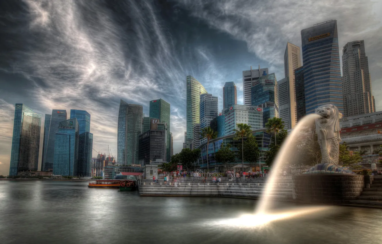 Photo wallpaper HDR, home, skyscrapers, Singapore, fountain, promenade