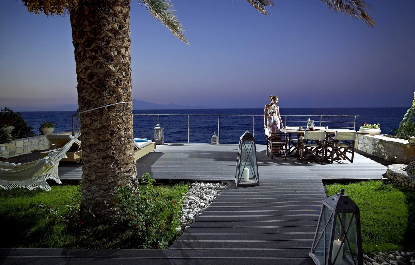 Photo wallpaper girl, Palma, table, the ocean, hammock, waiting, champagne, sun loungers