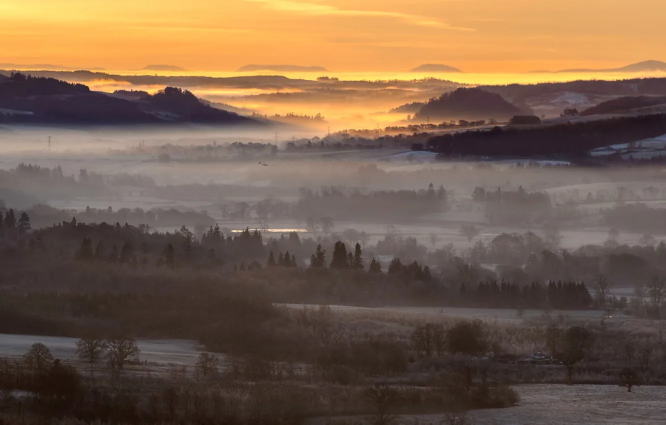 Photo wallpaper field, sunset, fog