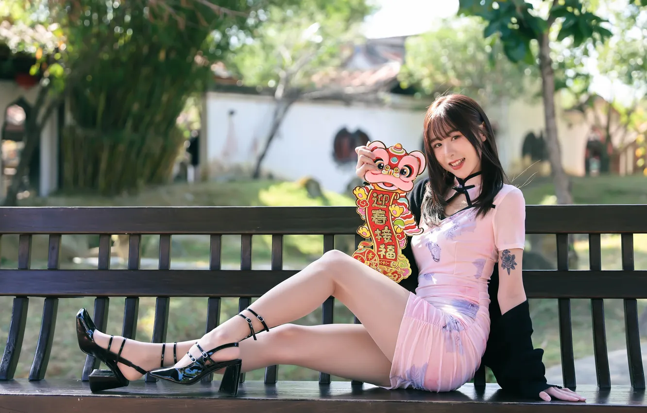 Photo wallpaper girl, Asian, bench