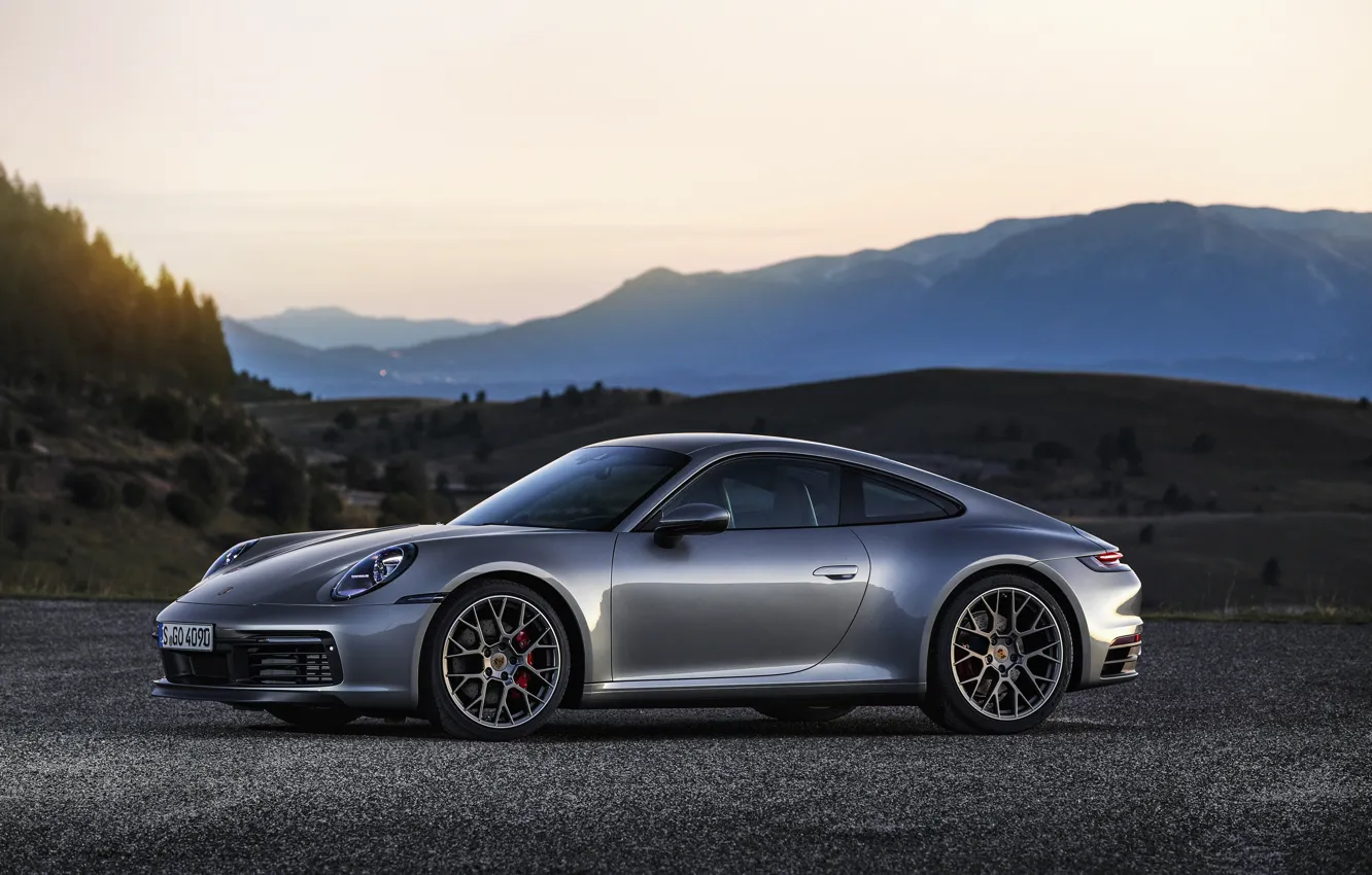 Photo wallpaper asphalt, mountains, hills, coupe, 911, Porsche, Carrera 4S, 992