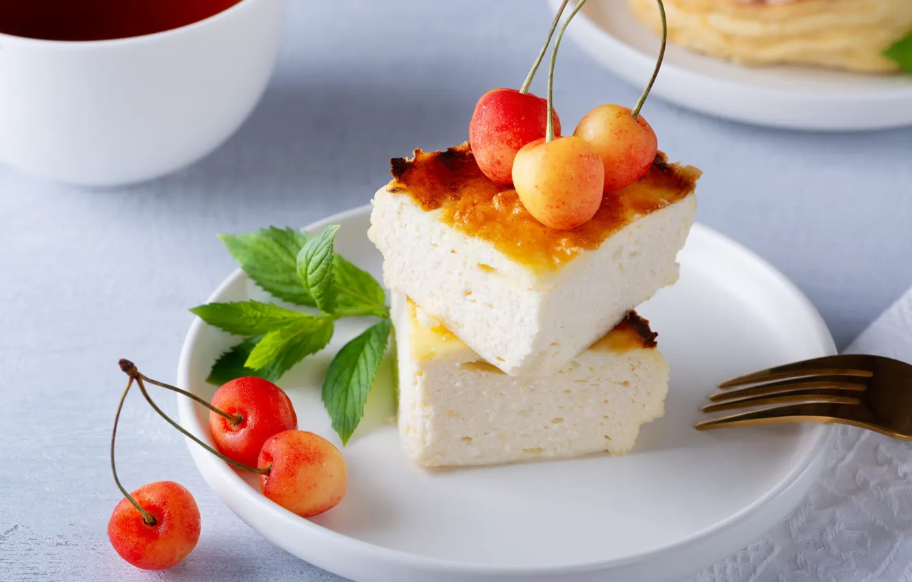 Photo wallpaper berries, plate, bowl, plug, light background, mint, dessert, cherry
