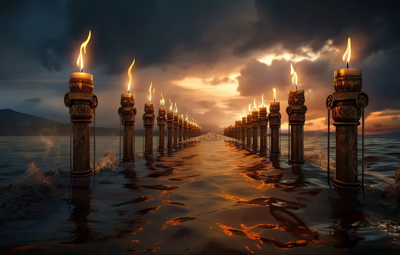 Photo wallpaper wave, water, mountains, clouds, glare, fire, flame, posts