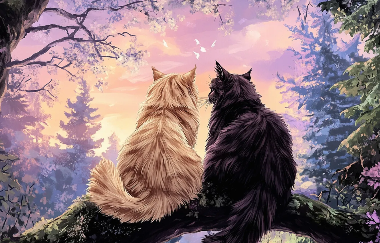 Photo wallpaper forest, cat, cat, clouds, trees, branches, nature, pose