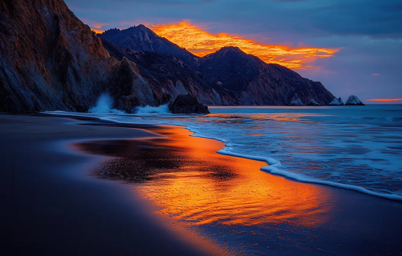 Photo wallpaper sand, sea, wave, beach, the sky, clouds, sunset, mountains