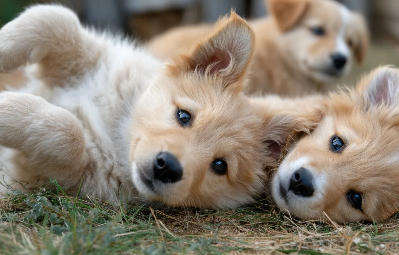 Photo wallpaper grass, together, the game, dog, puppy, lies, red, face