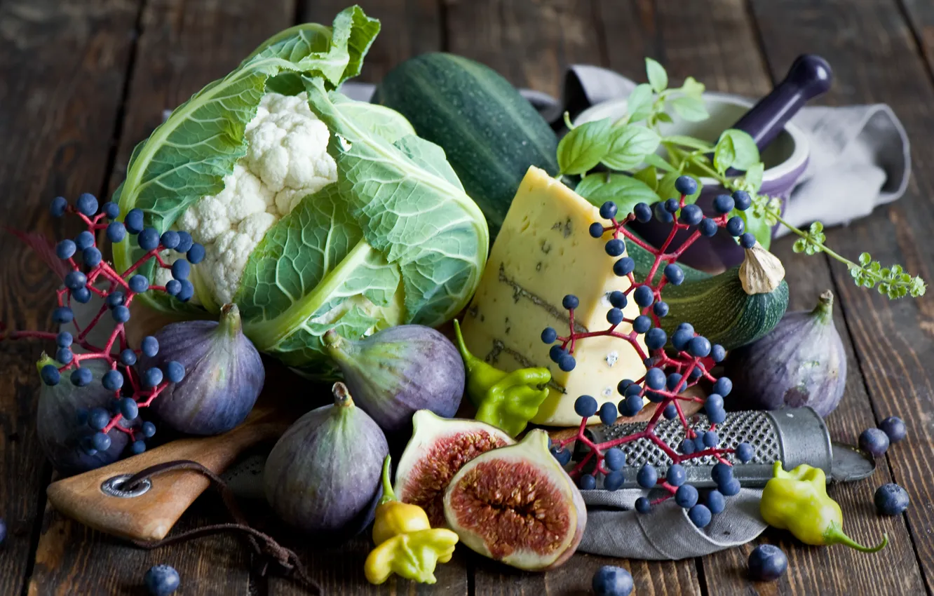 Photo wallpaper autumn, berries, food, cheese, blueberries, grapes, vegetables, figs