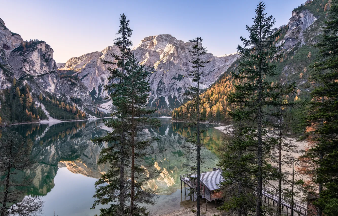Photo wallpaper trees, mountains, lake, reflection, Italy, Italy, The Dolomites, South Tyrol