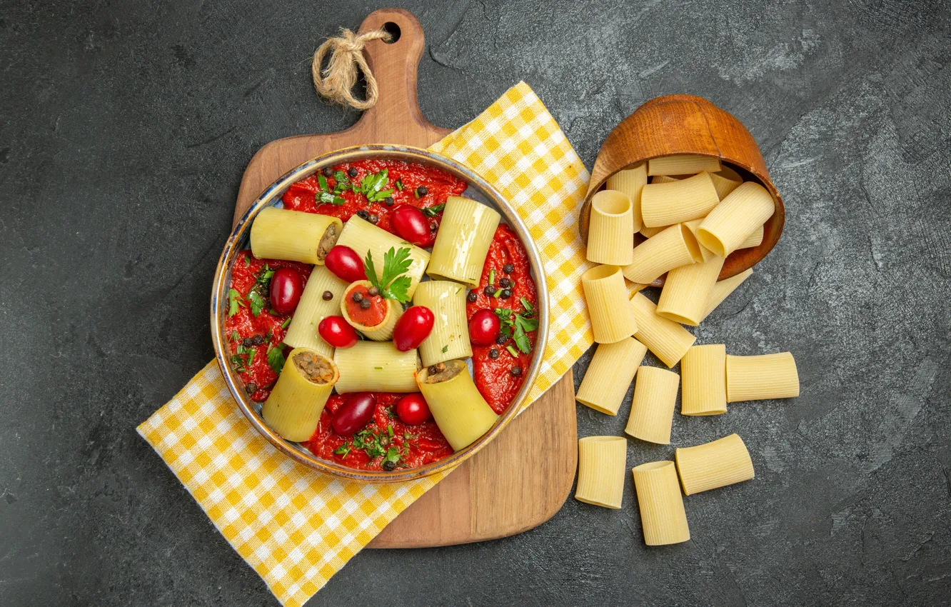 Photo wallpaper background, napkin, pasta, pasta, tomatoes, tomato sauce