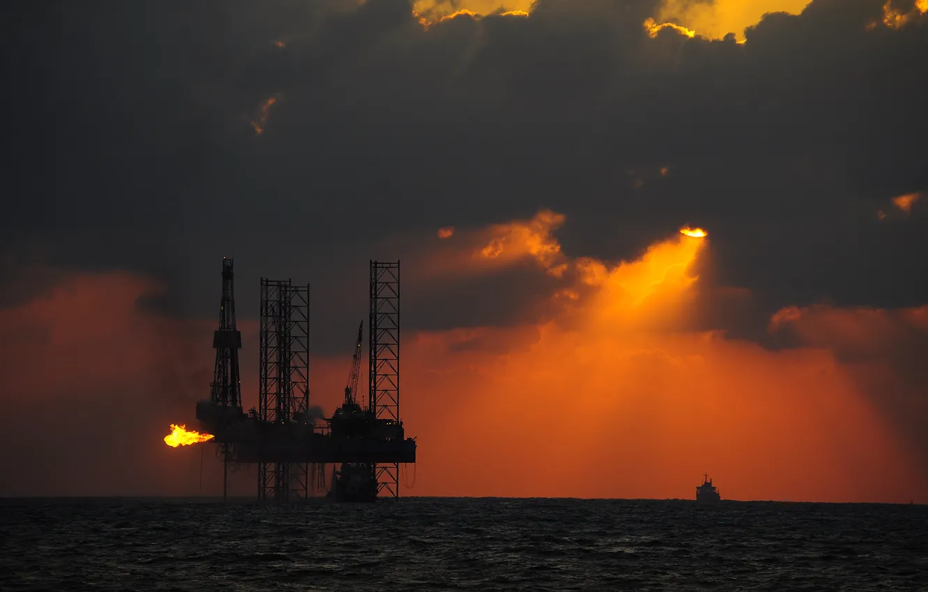 Photo wallpaper sea, the sun, sunset, ship, tanker, silhouettes, platform, oil