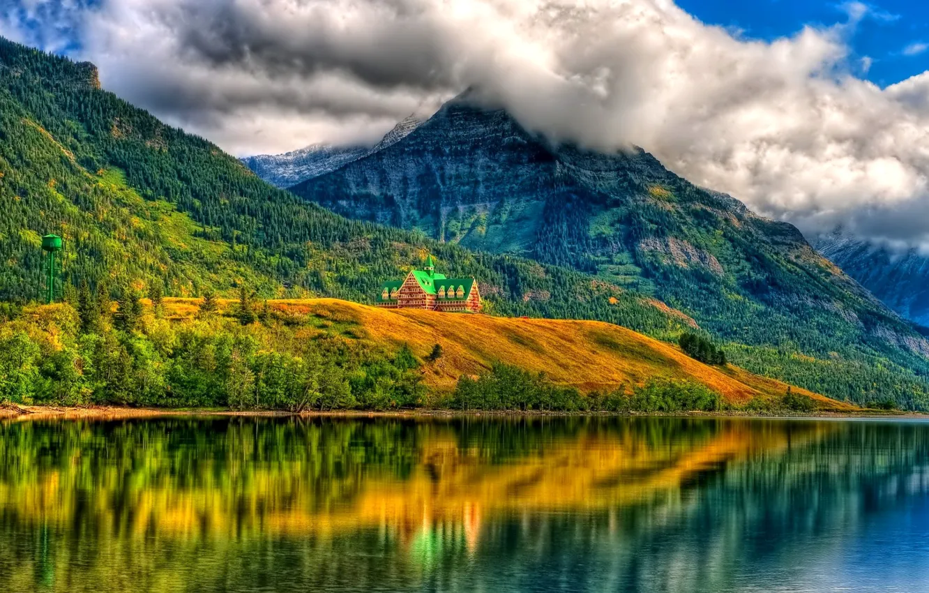 Photo wallpaper forest, the sky, clouds, trees, mountains, lake, house, reflection