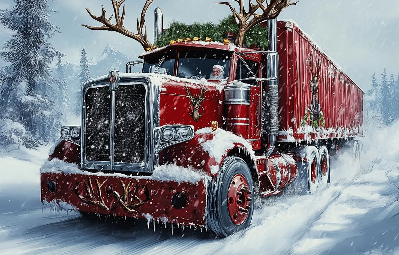Photo wallpaper winter, snow, tree, new year, Christmas, Truck, sleigh, Santa Claus