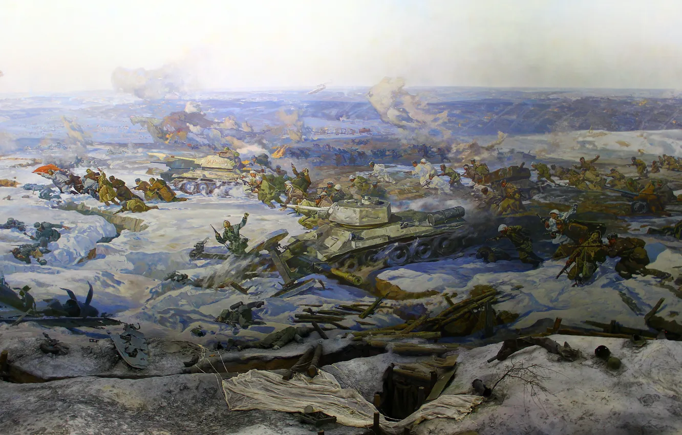 Photo wallpaper winter, snow, war, attack, picture, soldiers, panorama, tank