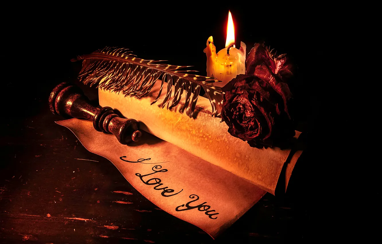 Photo wallpaper vintage, scroll, The love letter, candle.rose
