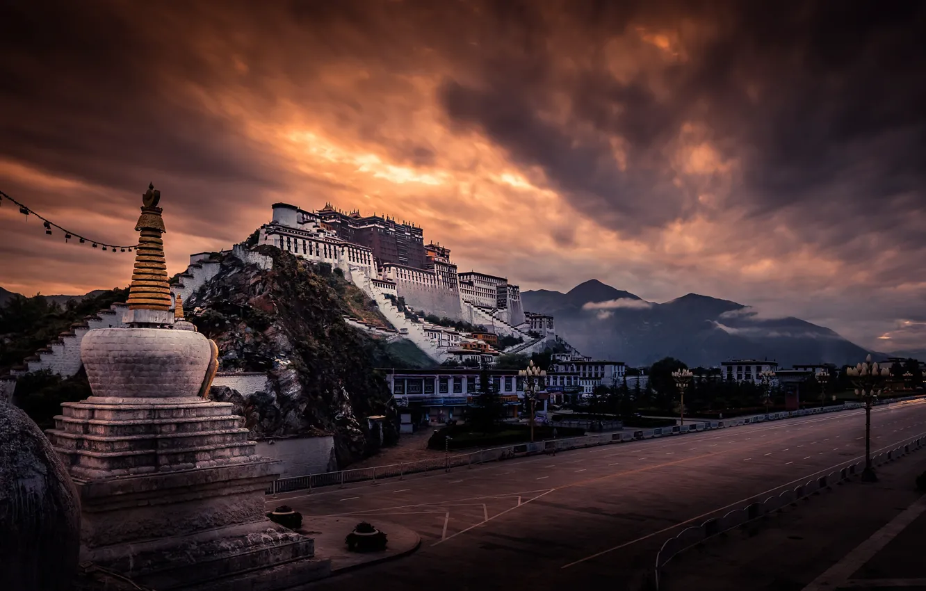 Photo wallpaper road, mountains, clouds, tibet, Potala Palace