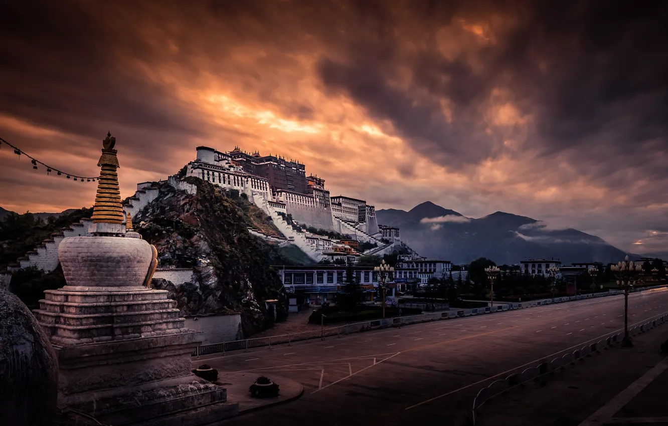 Photo wallpaper road, mountains, clouds, Tibet, Potala Palace