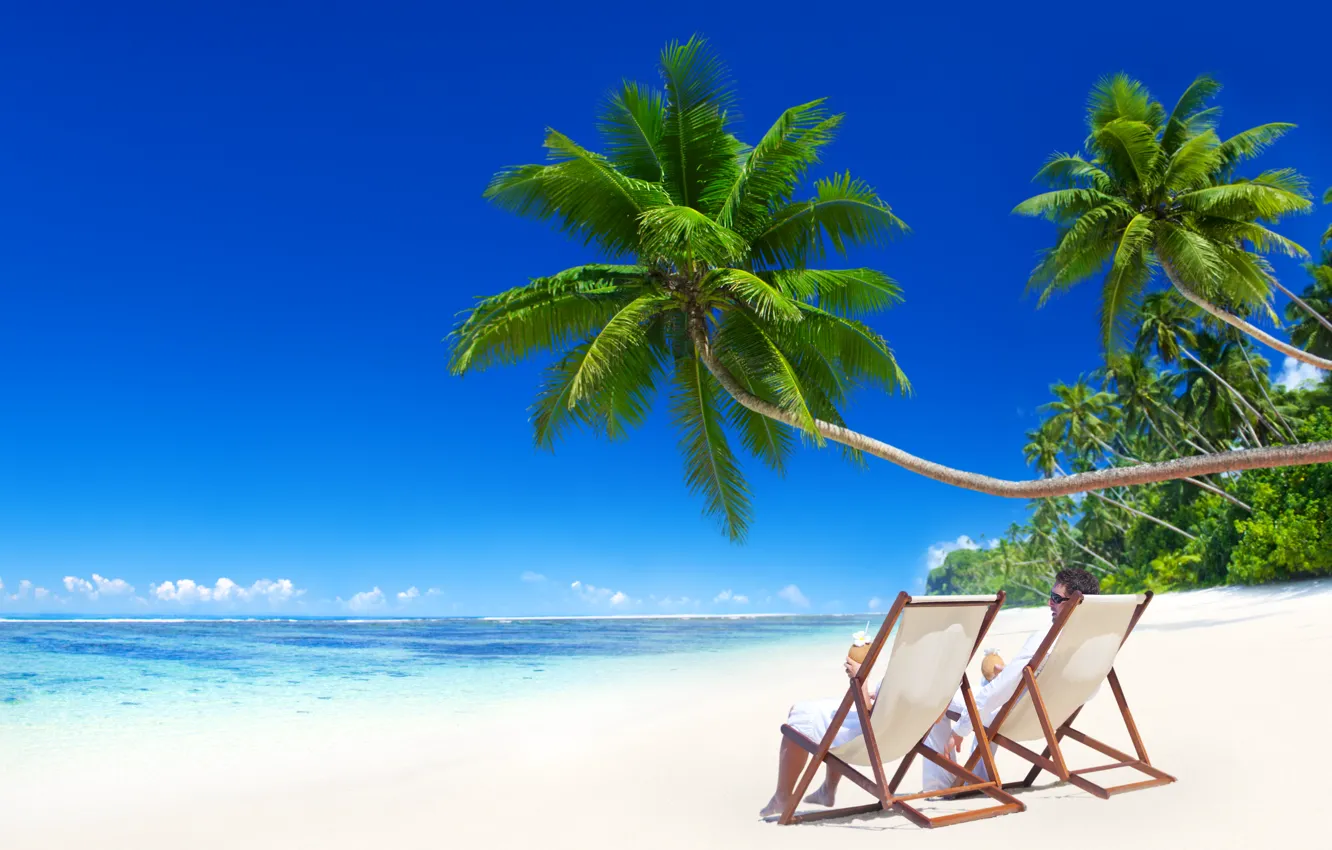 Photo wallpaper sand, sea, beach, the sun, tropics, palm trees, the ocean, shore