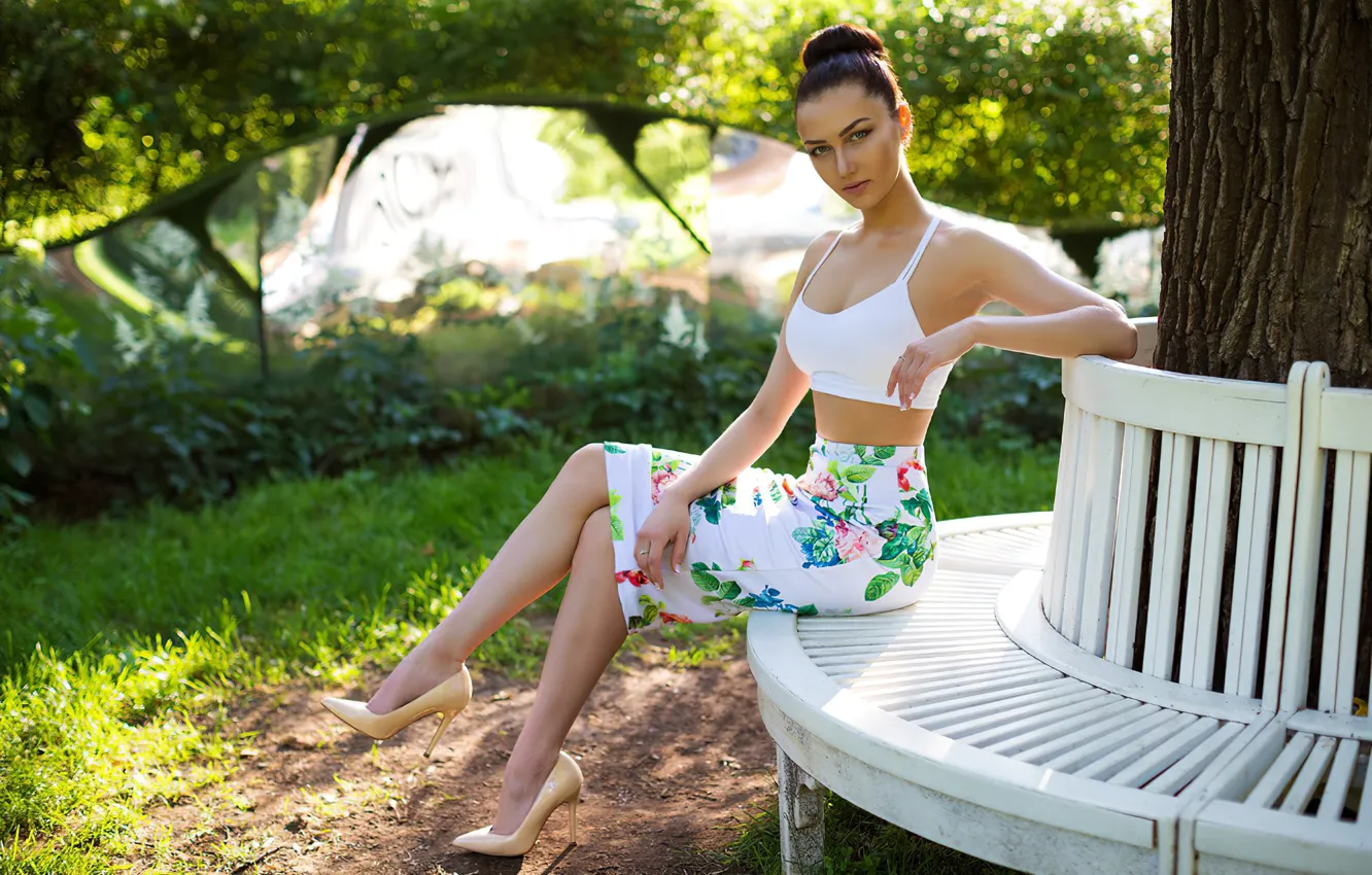 Photo wallpaper model, garden, women, brunette, sitting, skirt, short tops, Heeled Shoes