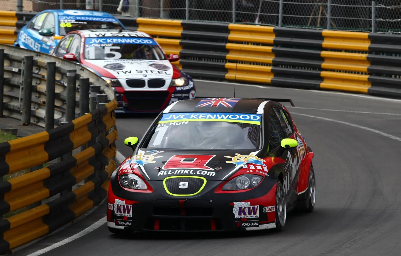 Photo wallpaper asphalt, Chevrolet, turn, BMW, the fence, Leon, Seat, Cruze