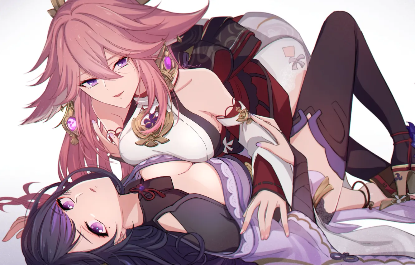 Photo wallpaper Genshin Impact, Raiden Shogun, Yae Miko, gadis kawaii