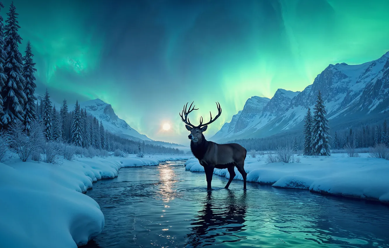 Photo wallpaper winter, forest, snow, trees, nature, river, Northern lights, deer