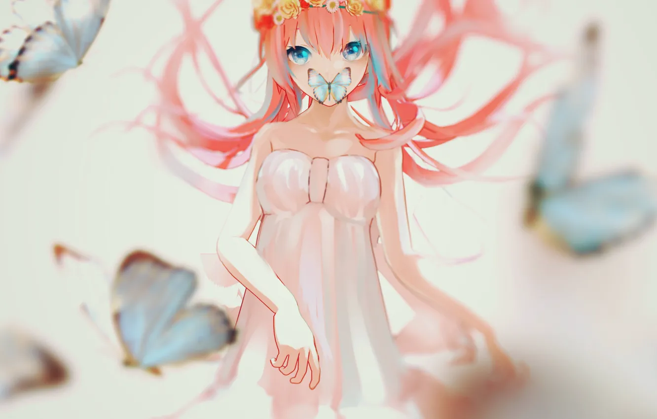 Photo wallpaper butterfly, flowers, art, Vocaloid, Megurine Luka, ArleneTea