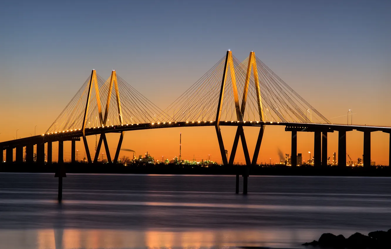 Photo wallpaper bridge, the city, river, Texas, rasvet, Baytown, Fred Hartman bridge