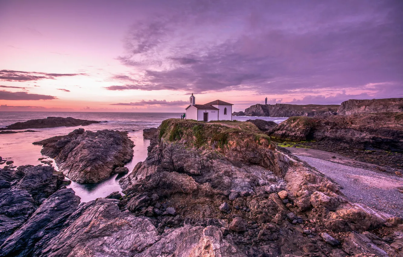 Photo wallpaper the ocean, rocks, dawn, coast, lighthouse