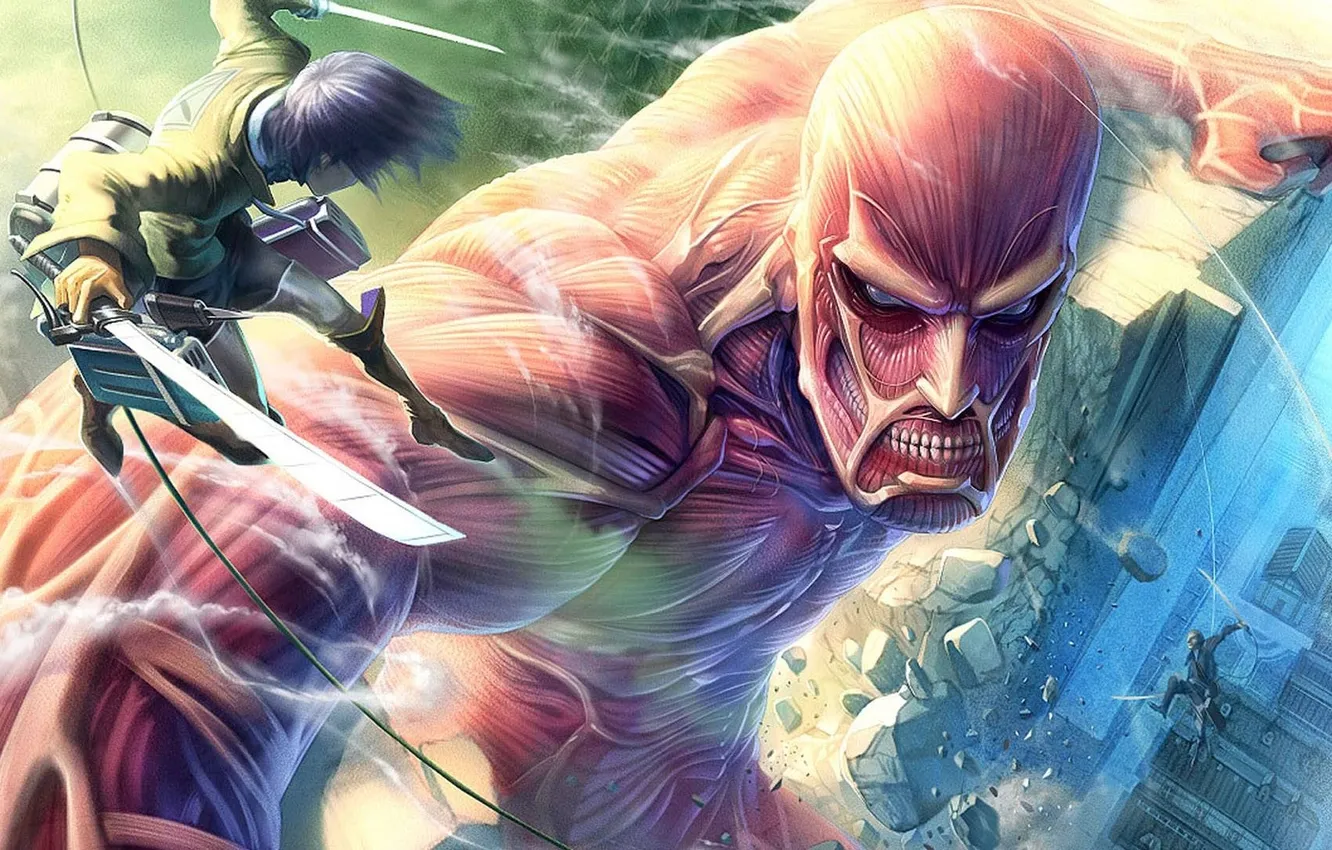 Photo wallpaper wall, destruction, anime, Attack on Titan, Shingeki no Kyojin