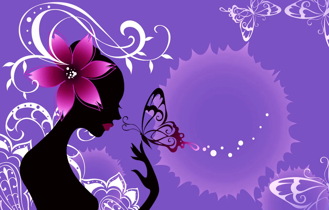 Photo wallpaper flower, girl, abstraction, style, collage, butterfly, silhouette