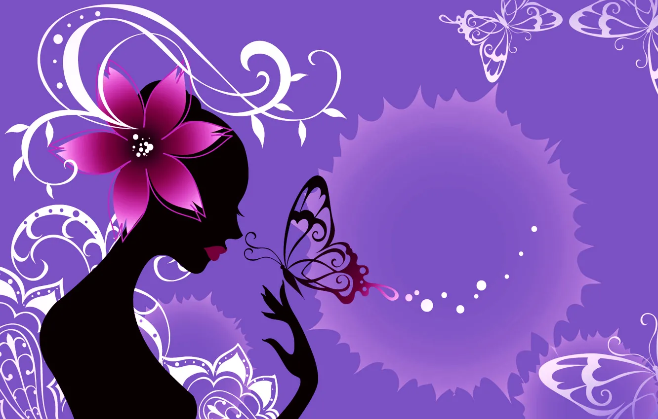 Photo wallpaper girl, flowers, abstraction, style, collage, butterfly, silhouette