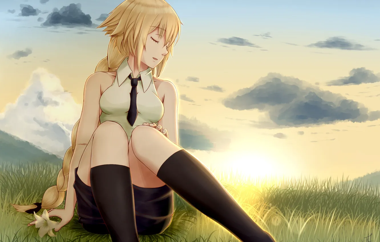 Photo wallpaper flower, girl, sunset, meadow, sitting, Fate/Apocrypha, Fate - Apocrypha, Joan of Arc