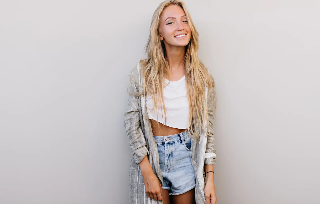 Photo wallpaper girl, shorts, beautiful, model, pretty, Denim, blonde, cute