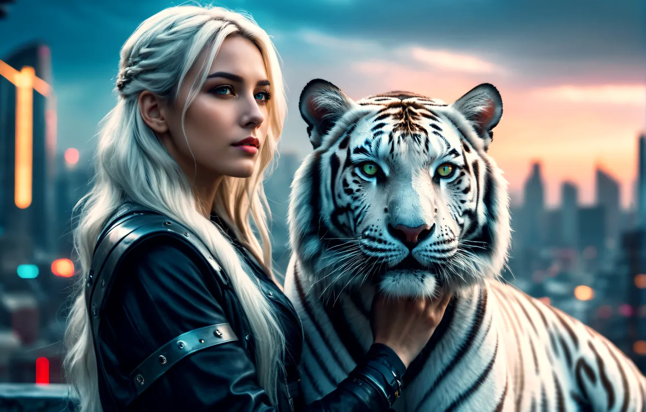 Photo wallpaper white, the sky, look, face, girl, sunset, face, the city