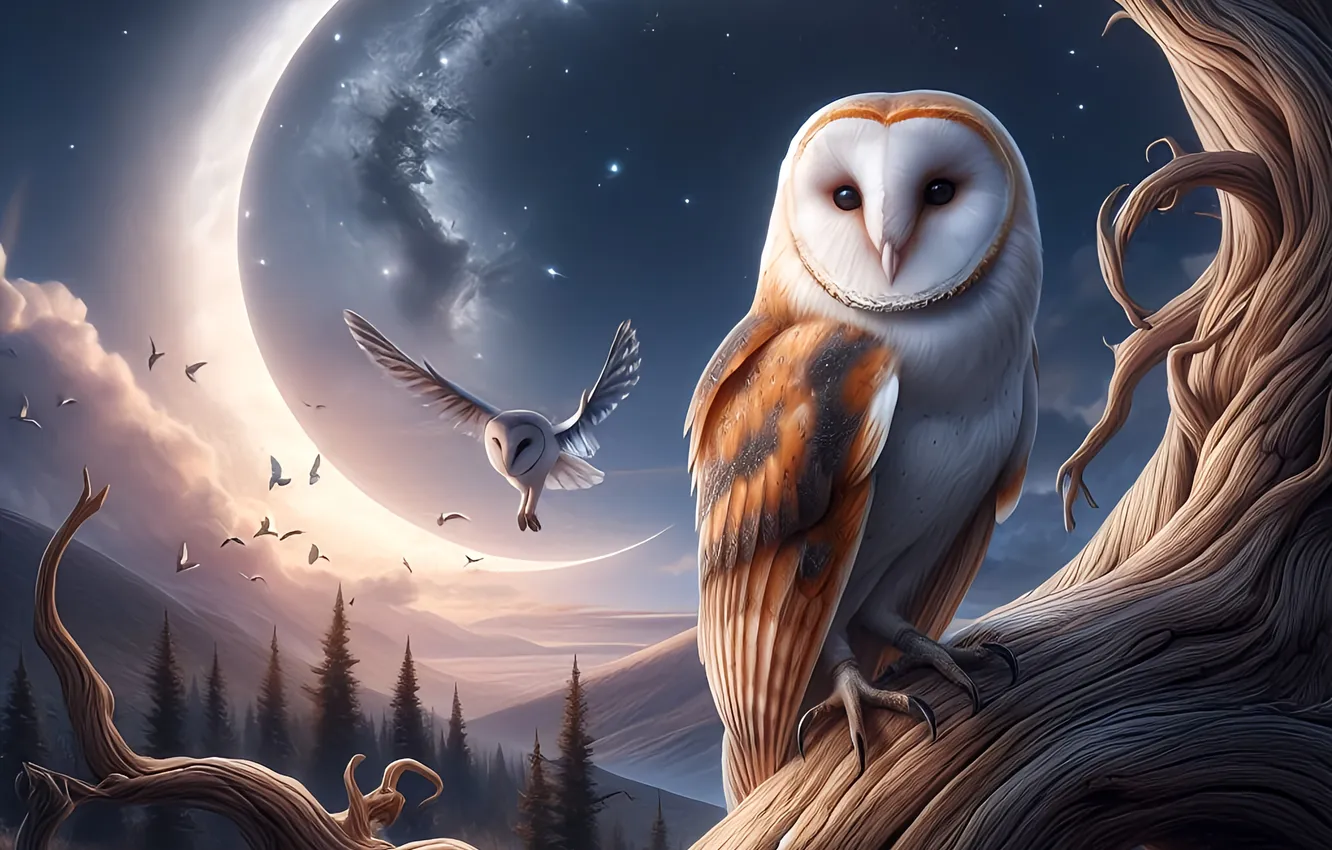 Photo wallpaper forest, stars, clouds, trees, mountains, night, branches, owl