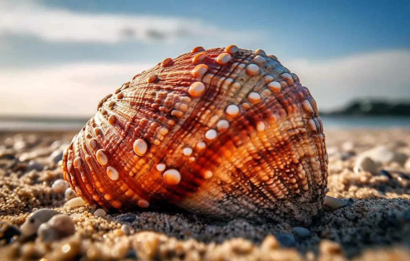 Photo wallpaper sand, sea, beach, the sky, macro, blue, sink, shell