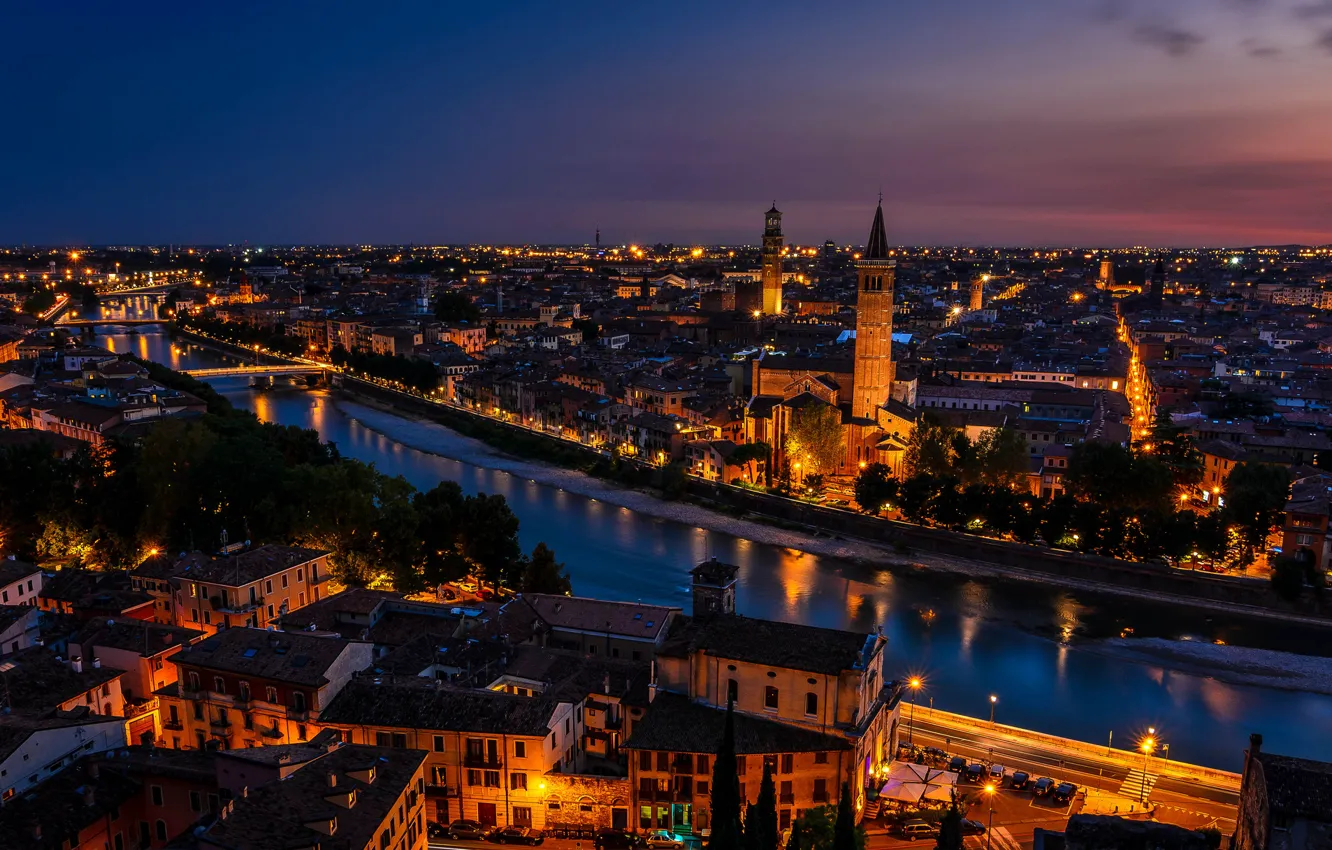 Photo wallpaper sunset, lights, Italy, twilight, Verona