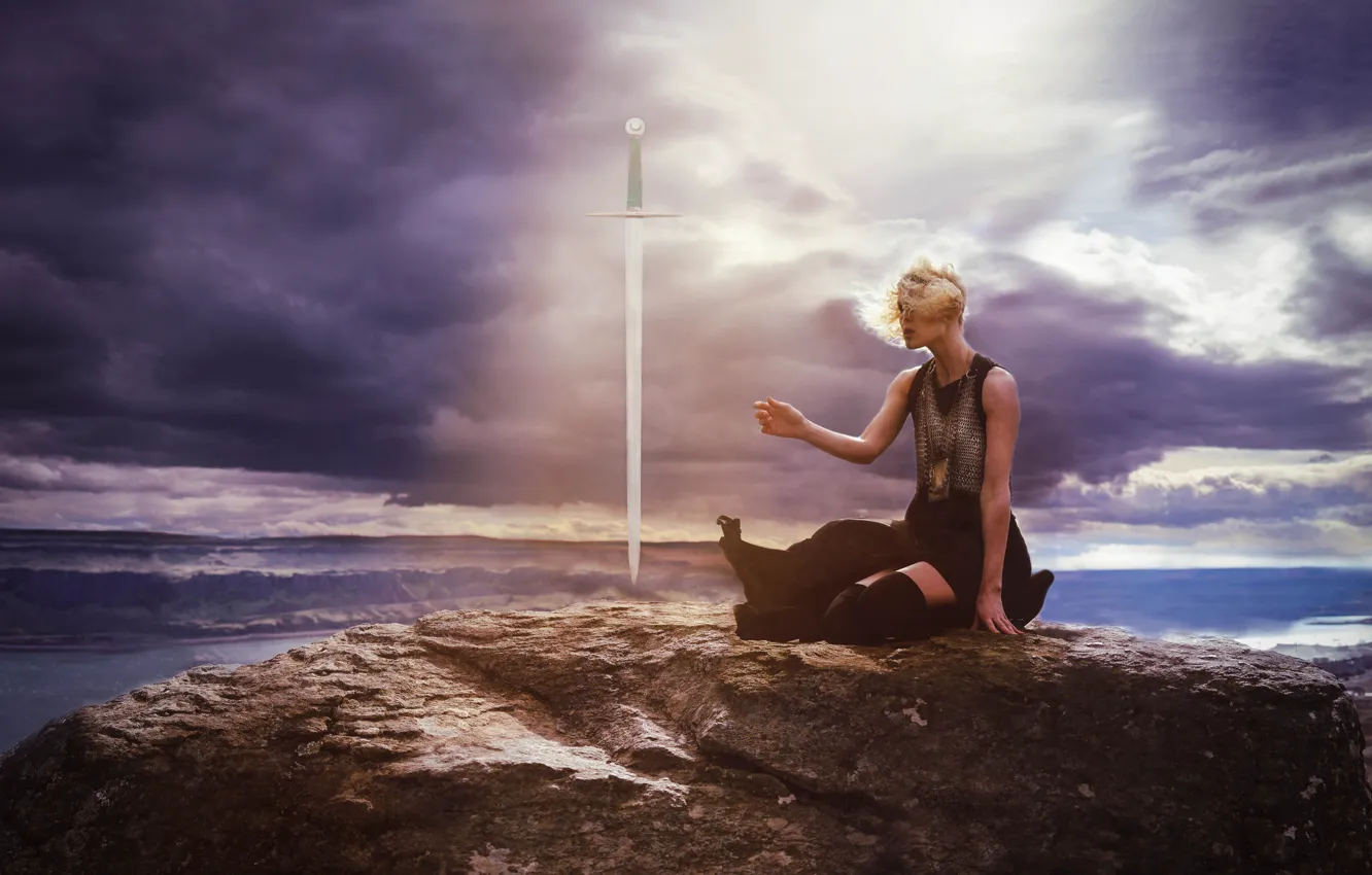 Photo wallpaper girl, clouds, style, sword, fantasy, image, warrior, photoart