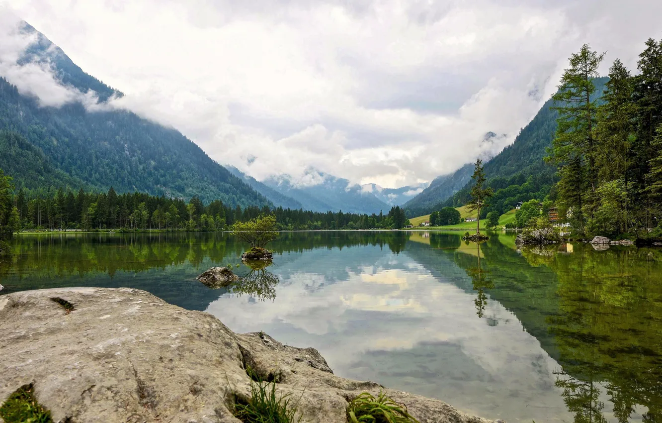 Photo wallpaper forest, the sky, clouds, trees, mountains, lake, stones, valley