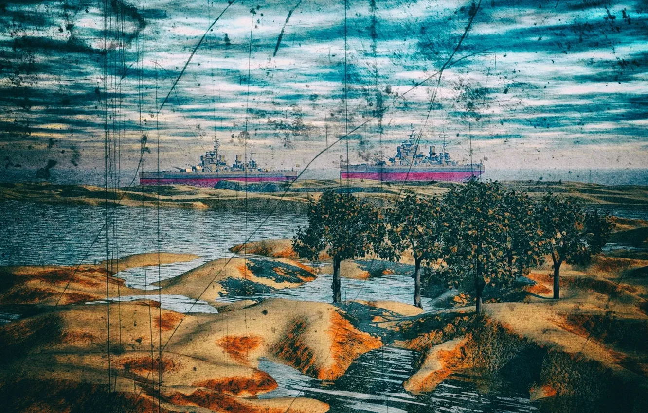Photo wallpaper sea, trees, ships