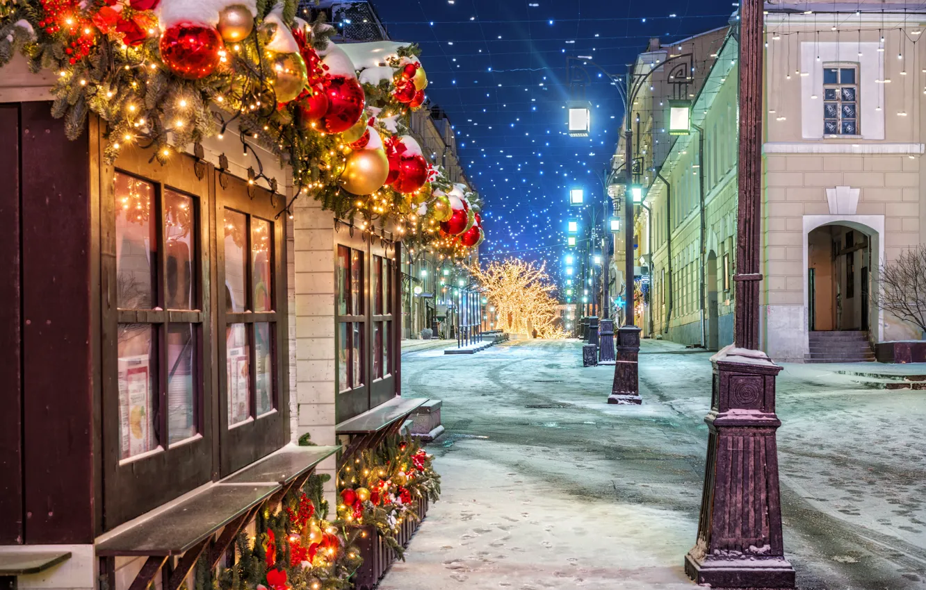 Photo wallpaper winter, snow, night, the city, street, new year, lights, Moscow