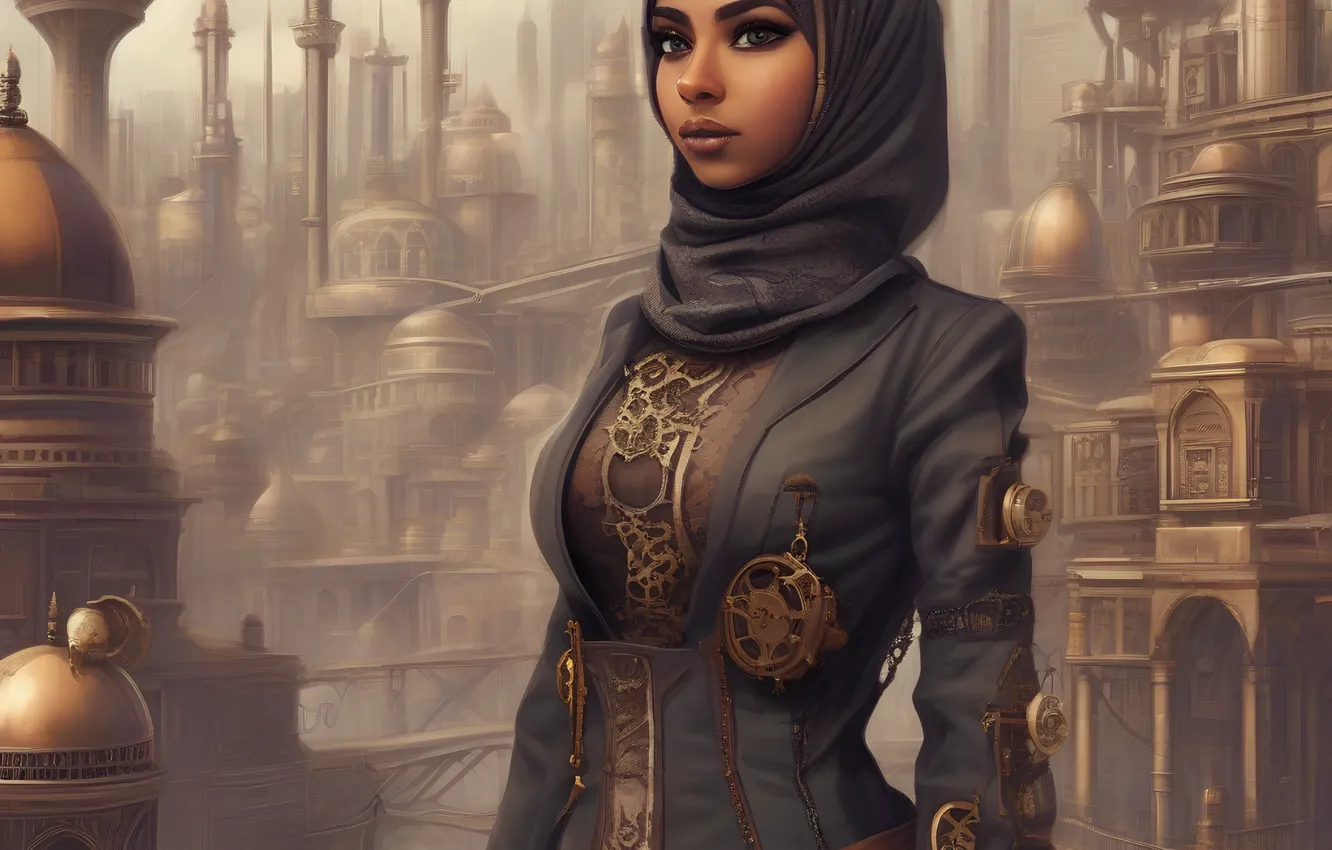 Photo wallpaper city, Steampunk, muslim girl