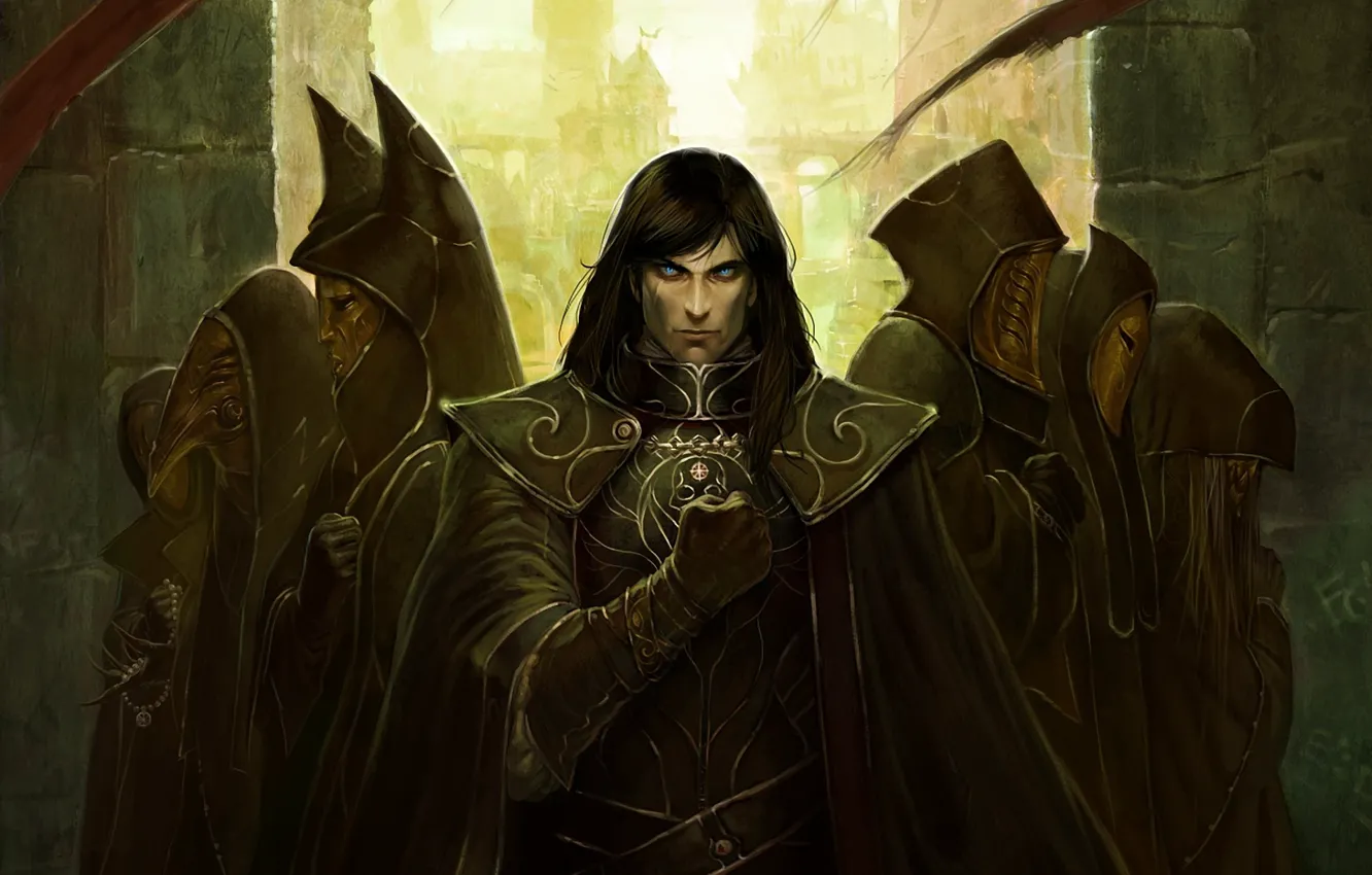 Photo wallpaper city, the city, figure, salute, armor, leather, flag, warrior